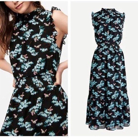 J. Crew Dresses & Skirts - J. Crew Smocked Waist Midi Dress Botanical Bees Floral Printed Black Blue S